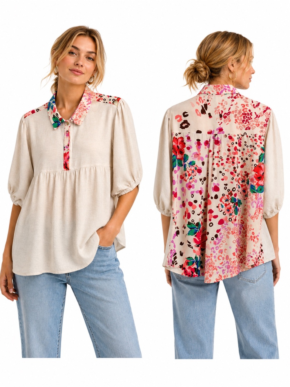 Umgee Linen Blend Floral Mixed Print Babydoll Tunic Top Boho Cottagecore M